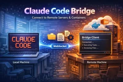 Claude Code Bridge hero graphic detailing connecting Claude Code to remote machines, containers, and servers via WebSocket. Read, write, and manage files anywhere.